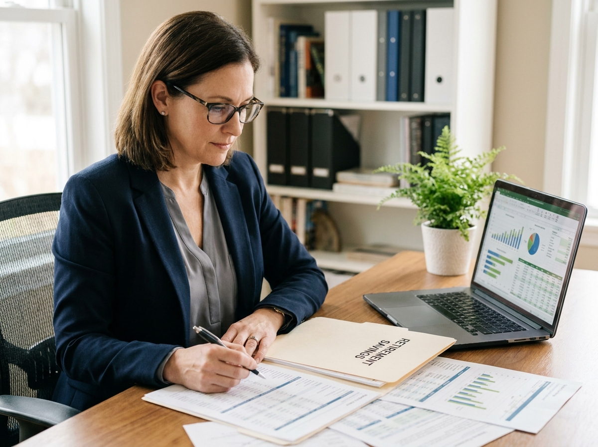 Travailleuse indépendante consultant des documents de retraite PER à son bureau à domicile