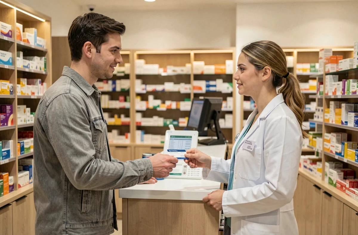 Homme présentant sa carte de mutuelle à une pharmacienne dans une pharmacie moderne