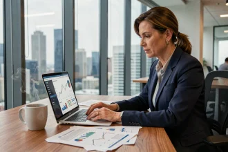 Femme professionnelle consultant des actualités financières sur un ordinateur portable dans un bureau moderne avec vue sur la ville