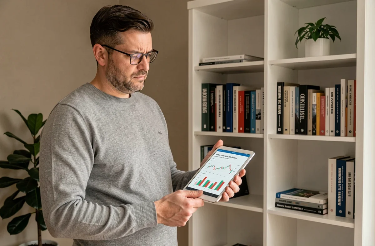 Homme consultant des graphiques financiers sur une tablette dans un bureau à domicile minimaliste pour sa veille économique