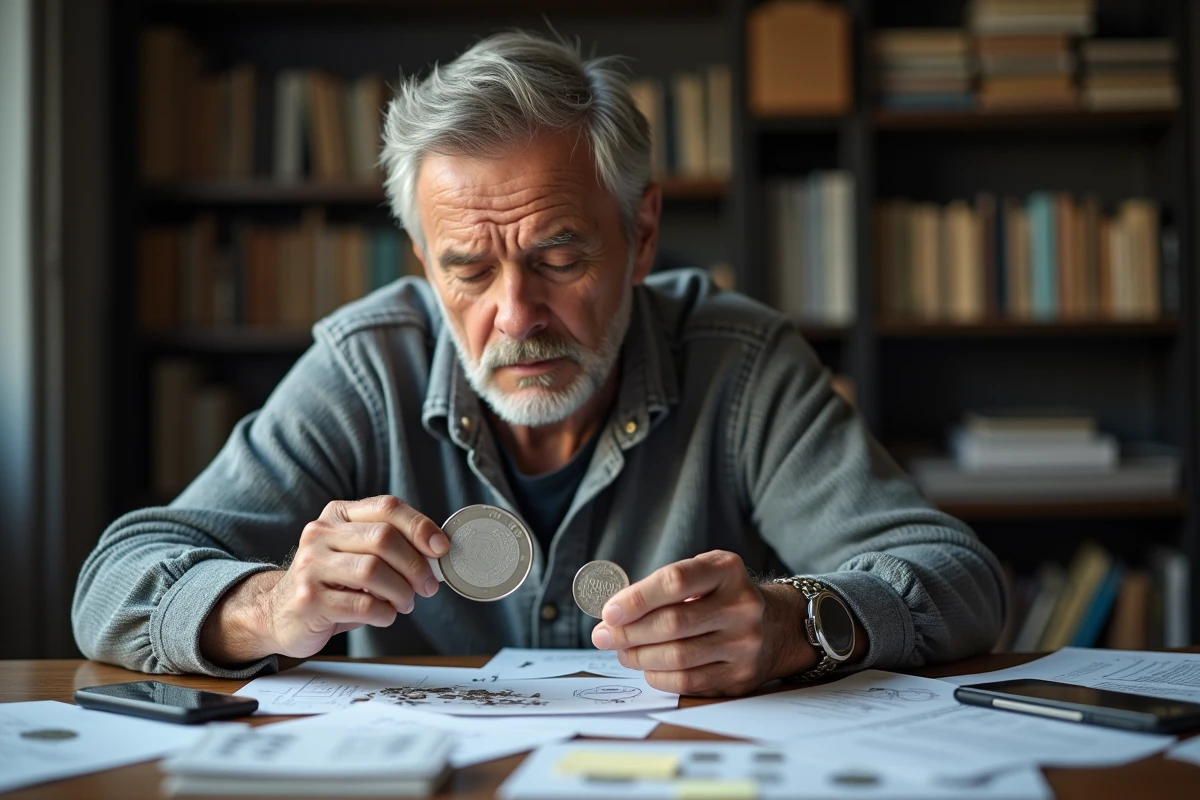 Vendeur particulier examinant une pièce de 50 Francs argent 1977 avec une loupe de joaillier à son bureau encombré de catalogues numismatiques