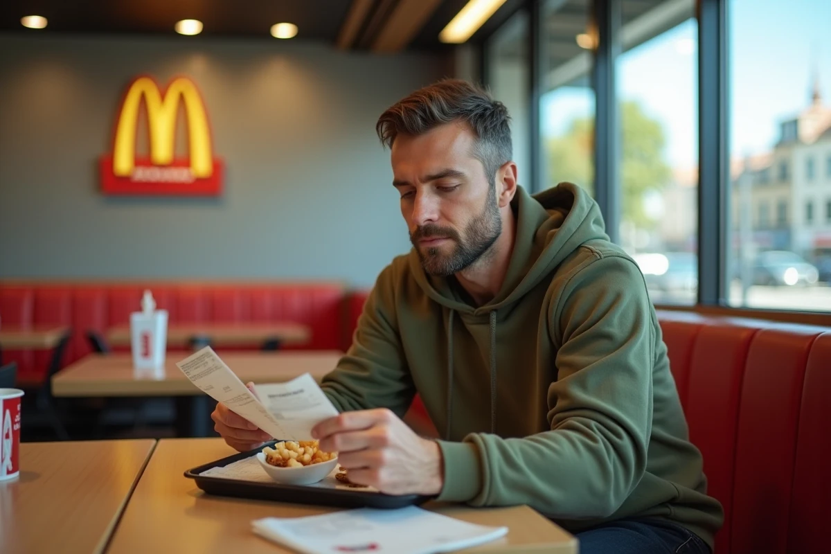 Homme vérifiant un Chèque Vacances ANCV et son reçu McDonald's attablé dans un restaurant fast-food