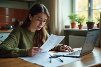 Femme consultant sa fiche de paie et simulateur de Prime d'activité sur ordinateur portable dans une cuisine