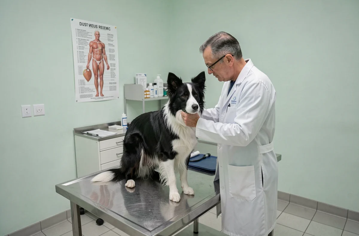 Vétérinaire examinant un border collie lors d'une consultation médicale couverte par une assurance chien