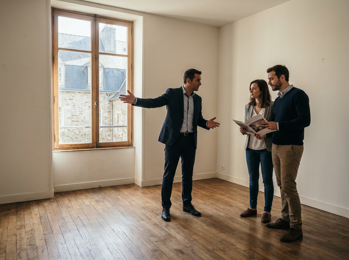 Visite d'un appartement vide à Nantes avec un agent immobilier et un couple d'acquéreurs potentiels