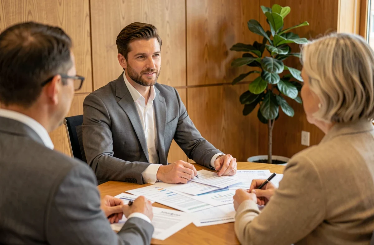 Conseiller de Vous Financer expliquant des options de rachat de crédit à un couple dans un bureau chaleureux
