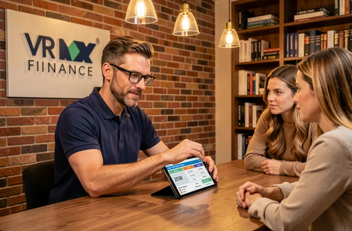 Un conseiller de VR Finance présente une comparaison de taux hypothécaires sur tablette à un couple dans un bureau boutique chaleureux aux murs en brique.